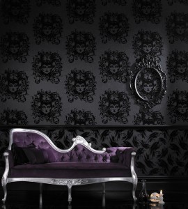 Luxurious black flock gothic wallpaper